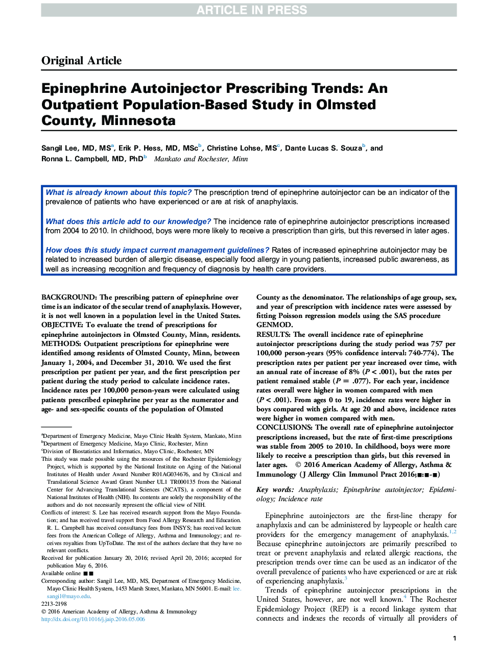 Epinephrine Autoinjector Prescribing Trends: An Outpatient Population-Based Study in Olmsted County, Minnesota