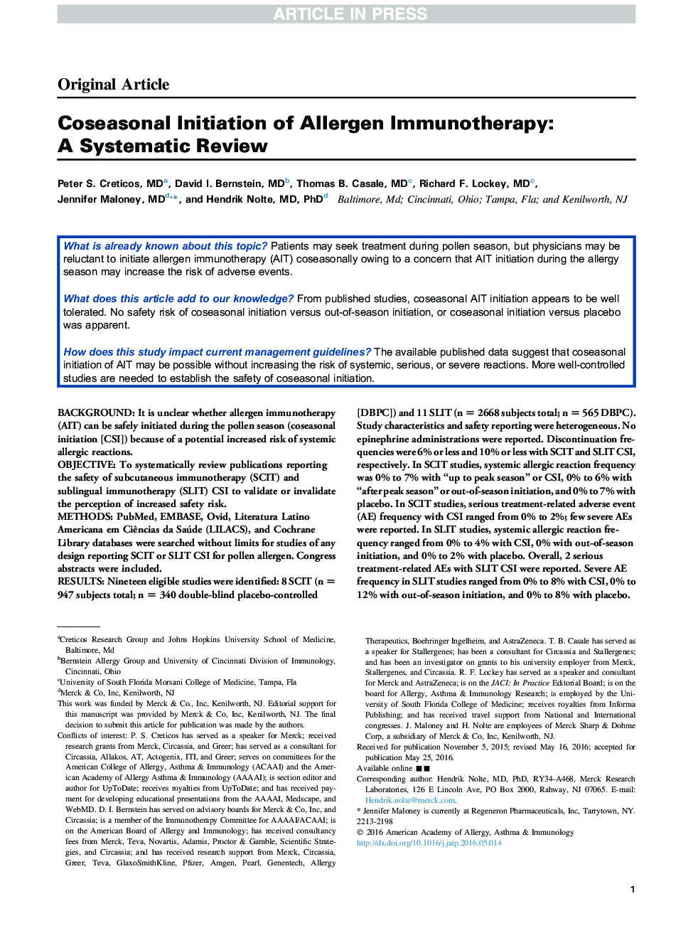 Coseasonal Initiation of Allergen Immunotherapy: A Systematic Review