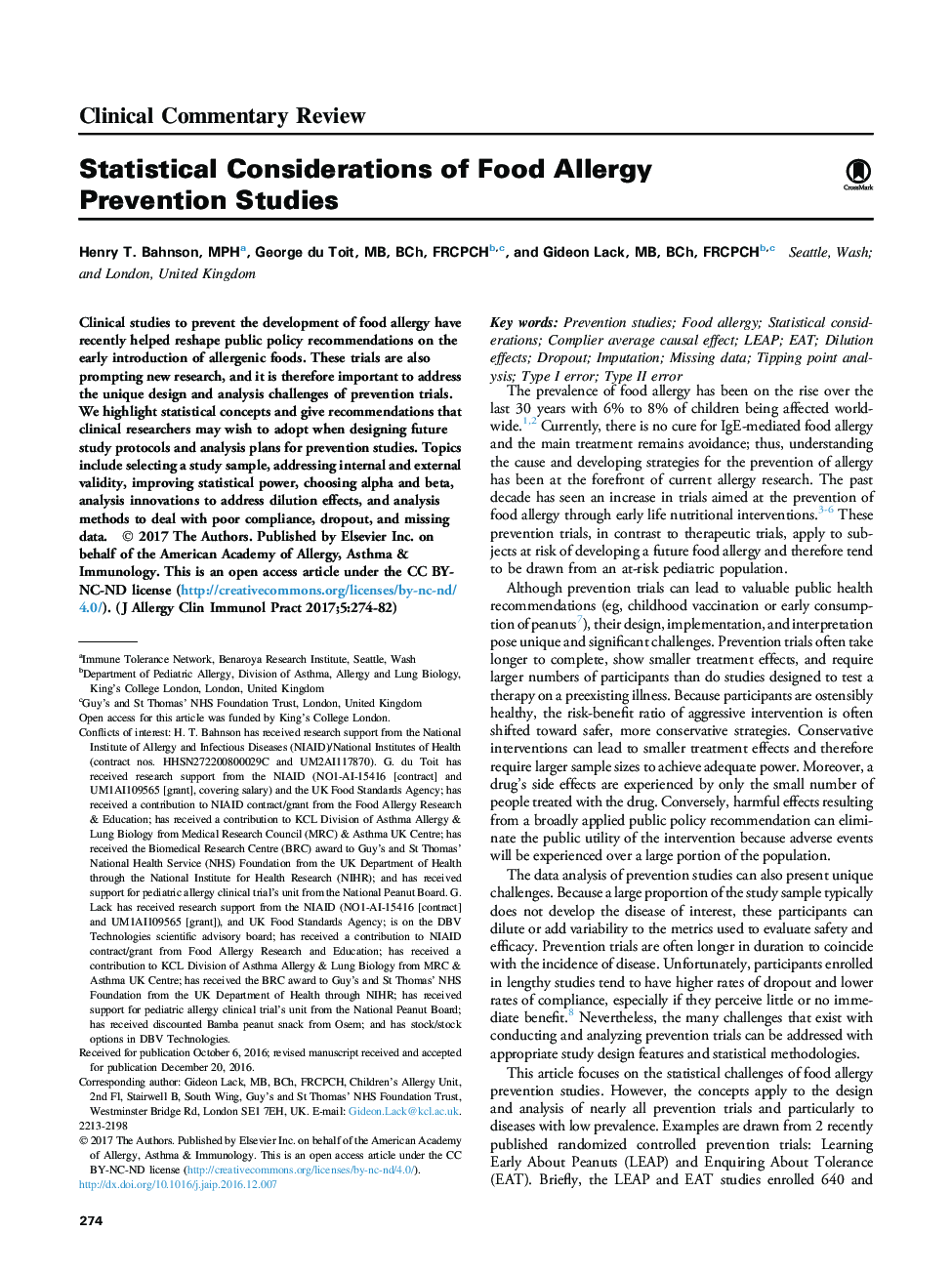 Statistical Considerations of Food Allergy Prevention Studies