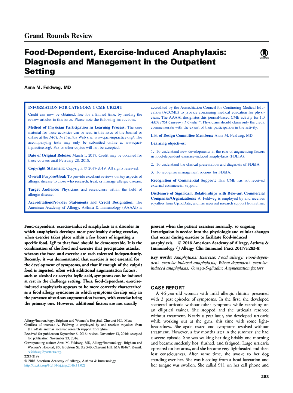 Food-Dependent, Exercise-Induced Anaphylaxis: Diagnosis and Management in the Outpatient Setting