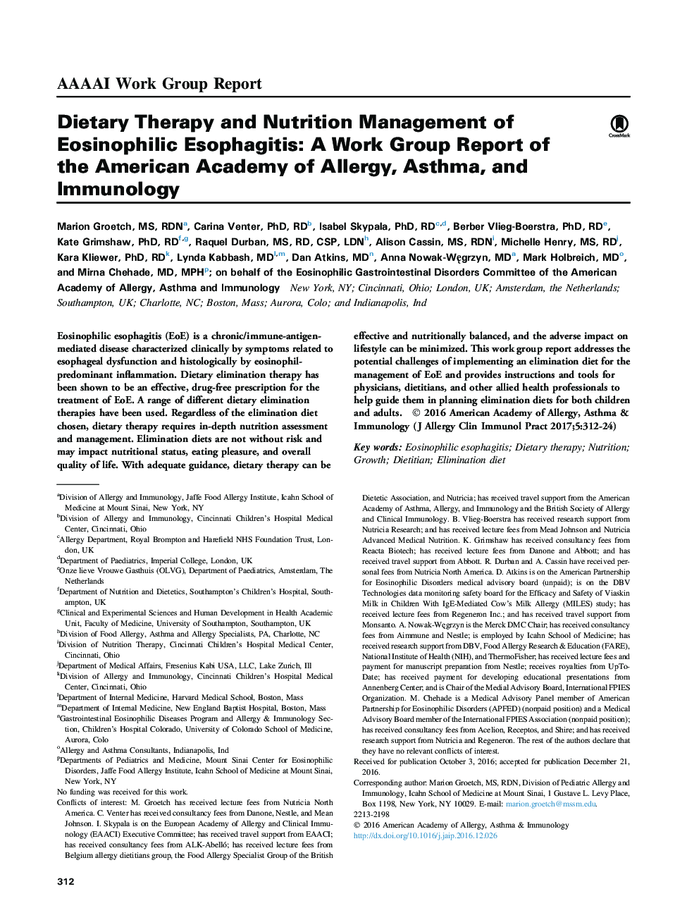 Dietary Therapy and Nutrition Management of Eosinophilic Esophagitis: A Work Group Report of the American Academy of Allergy, Asthma, and Immunology