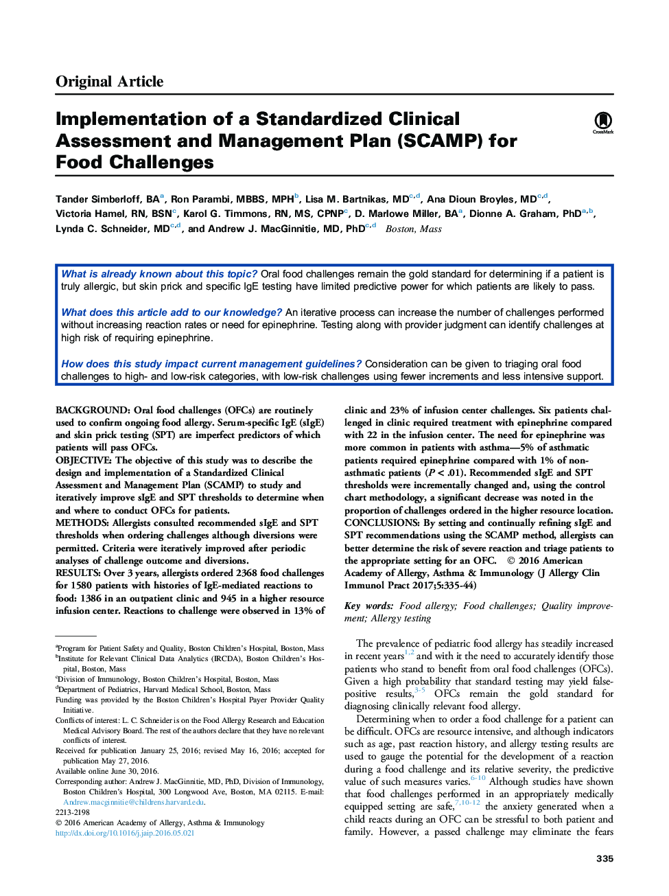 Implementation of a Standardized Clinical Assessment and Management Plan (SCAMP) for Food Challenges