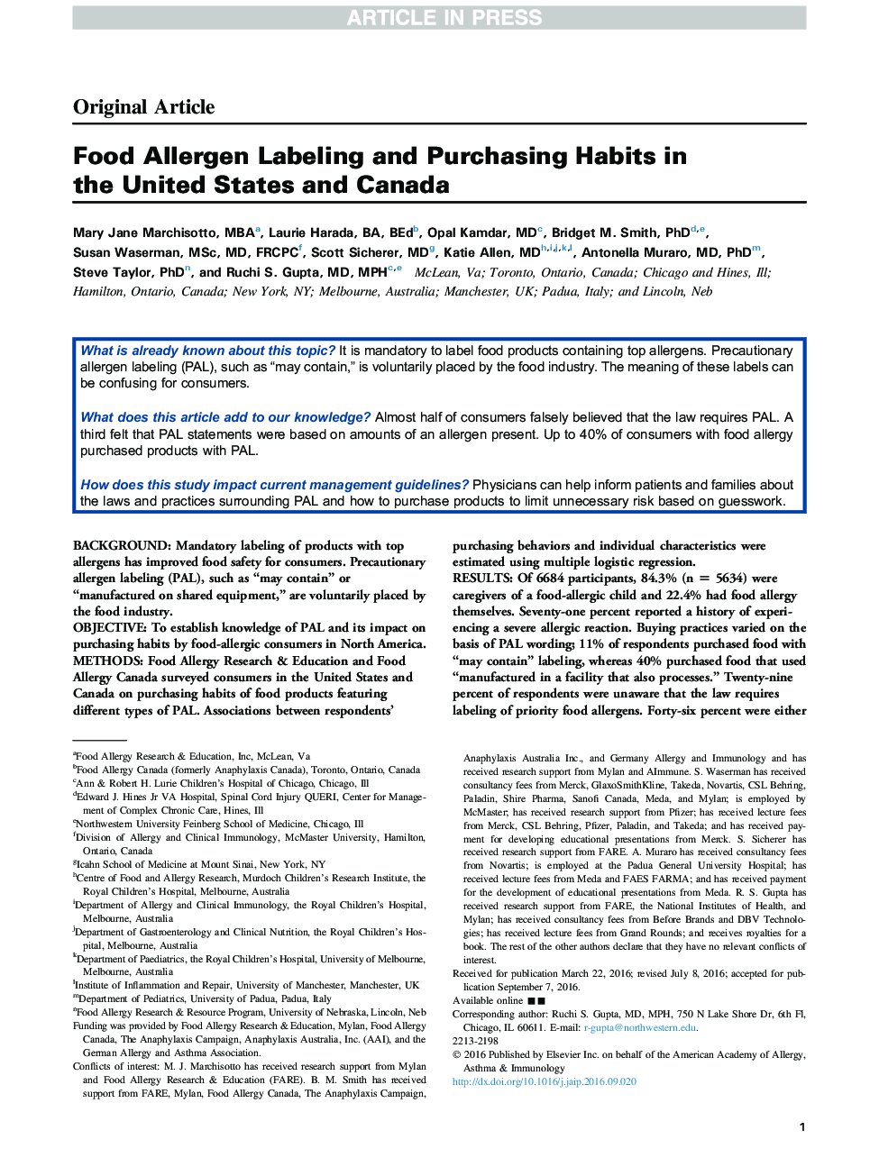 Food Allergen Labeling and Purchasing Habits in the United States and Canada