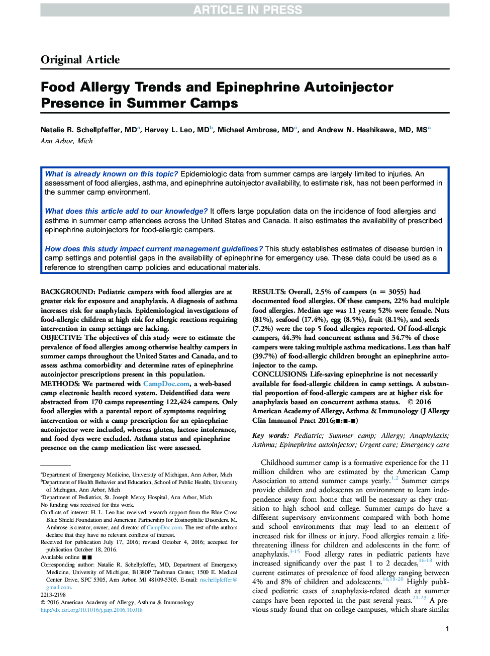 Food Allergy Trends and Epinephrine Autoinjector Presence in Summer Camps