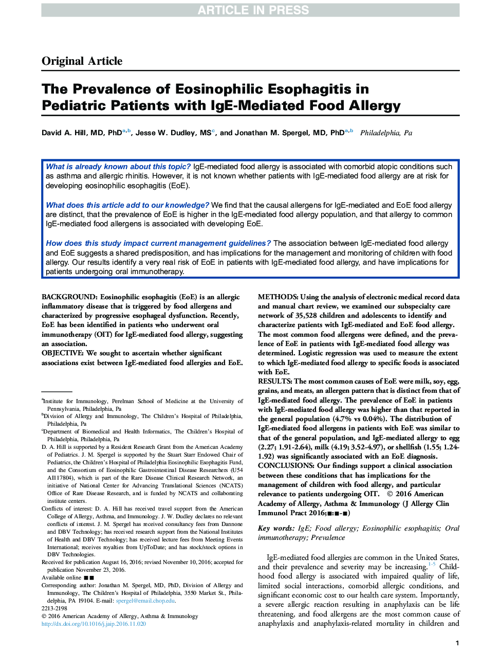 The Prevalence of Eosinophilic Esophagitis in Pediatric Patients with IgE-Mediated Food Allergy