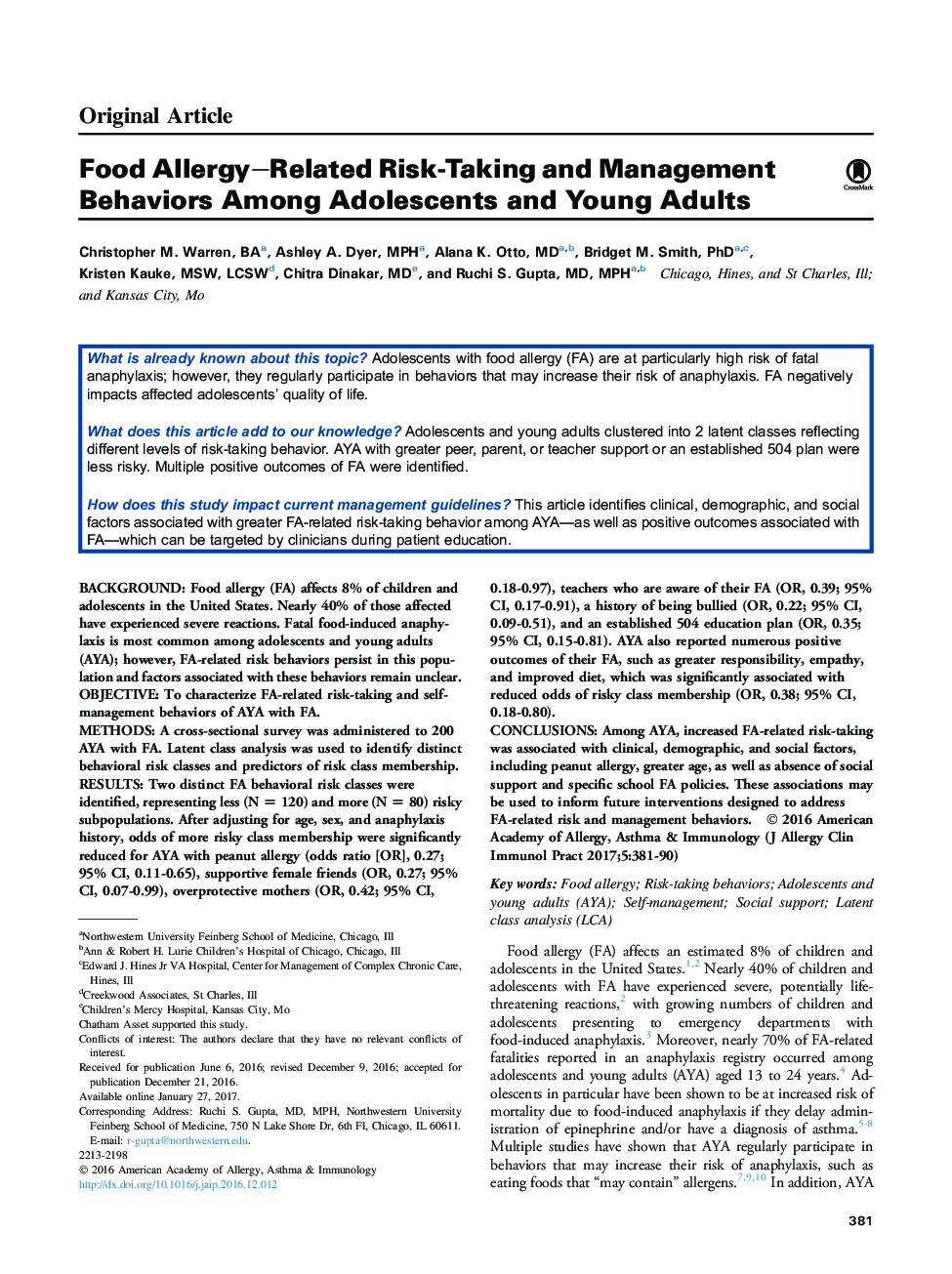 رفتارهای ریسک پذیری و رفتارهای مرتبط با آلرژی غذایی در میان نوجوانان و نوجوانان 