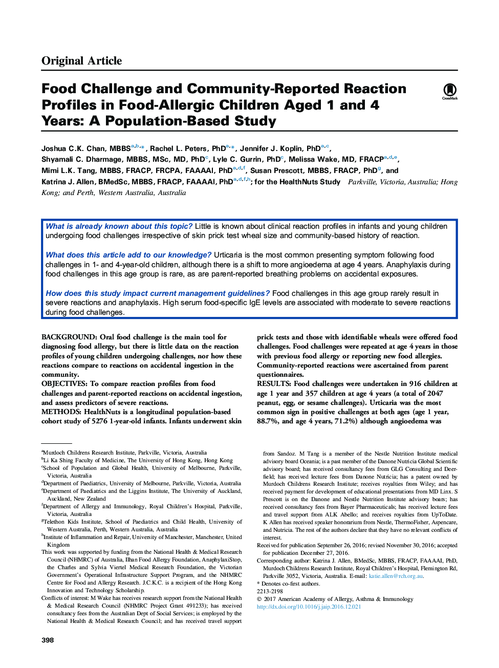چالش های غذایی و گزارشات واکنش های اجتماعی گزارش شده در کودکان آلرژی غذایی ساله 1 و 4 ساله: یک مطالعه مبتنی بر جمعیت 