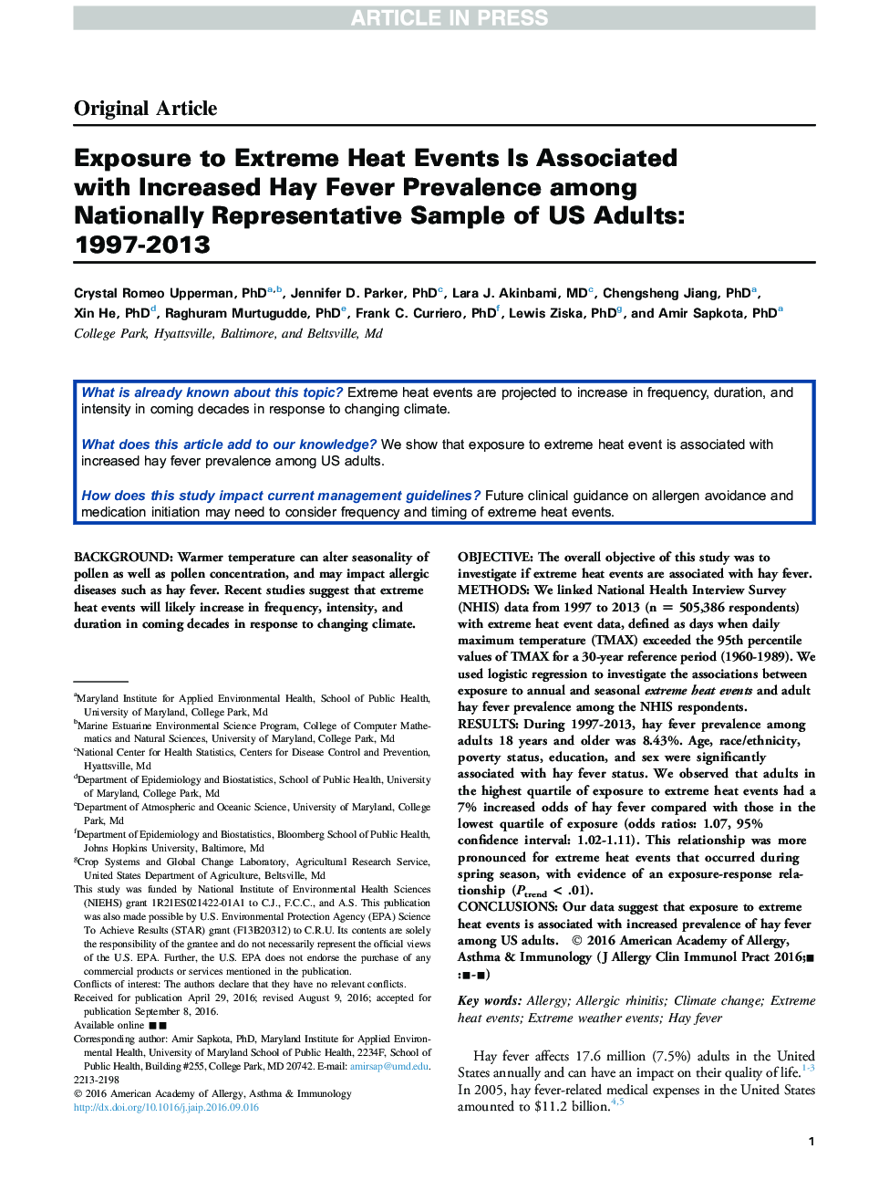 Exposure to Extreme Heat Events Is Associated with Increased Hay Fever Prevalence among Nationally Representative Sample of US Adults: 1997-2013