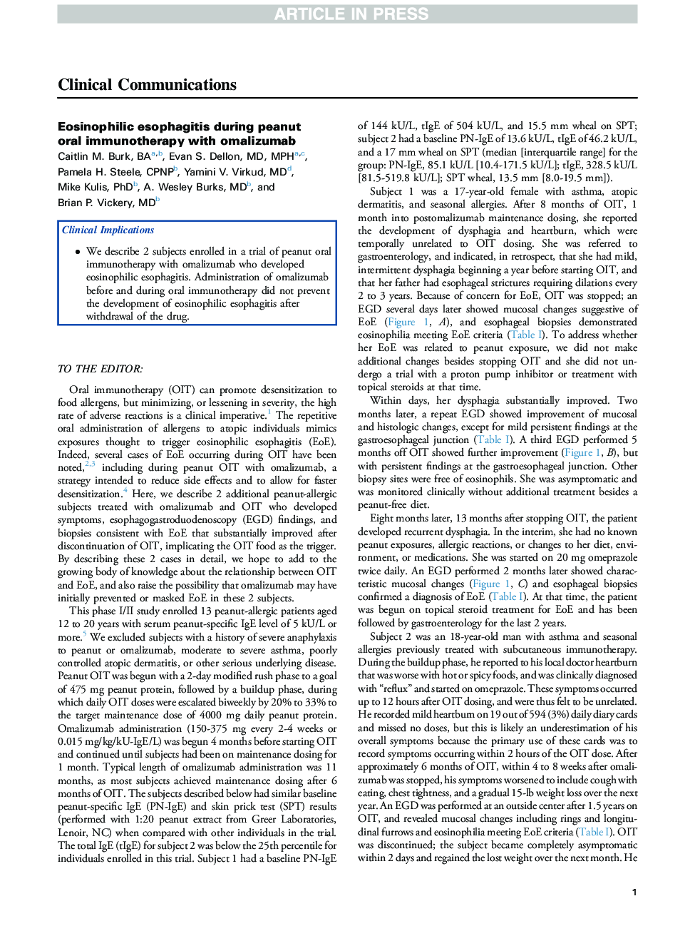 Eosinophilic esophagitis during peanut oral immunotherapy with omalizumab