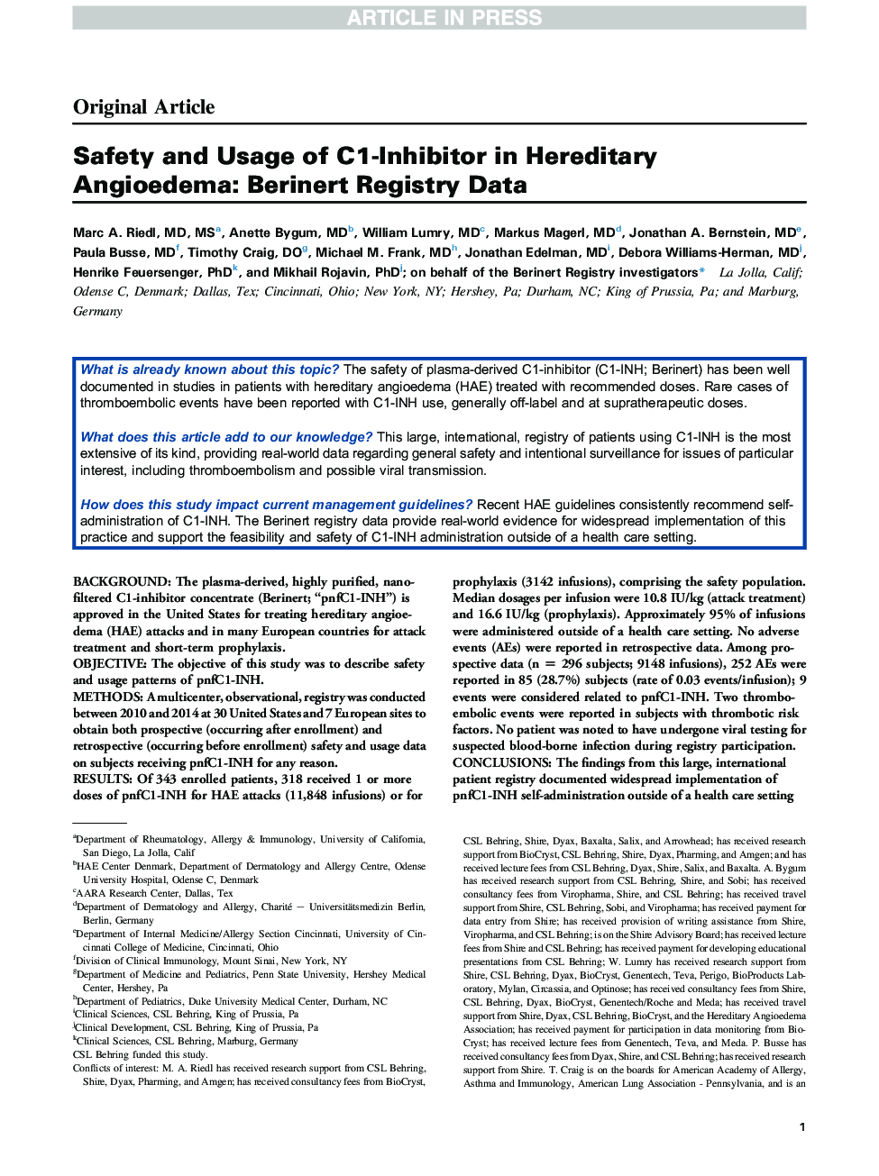 Safety and Usage of C1-Inhibitor in Hereditary Angioedema: Berinert Registry Data