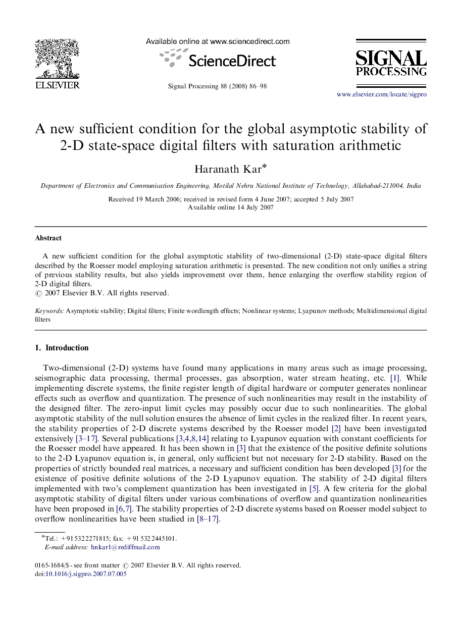 A new sufficient condition for the global asymptotic stability of 2-D state-space digital filters with saturation arithmetic