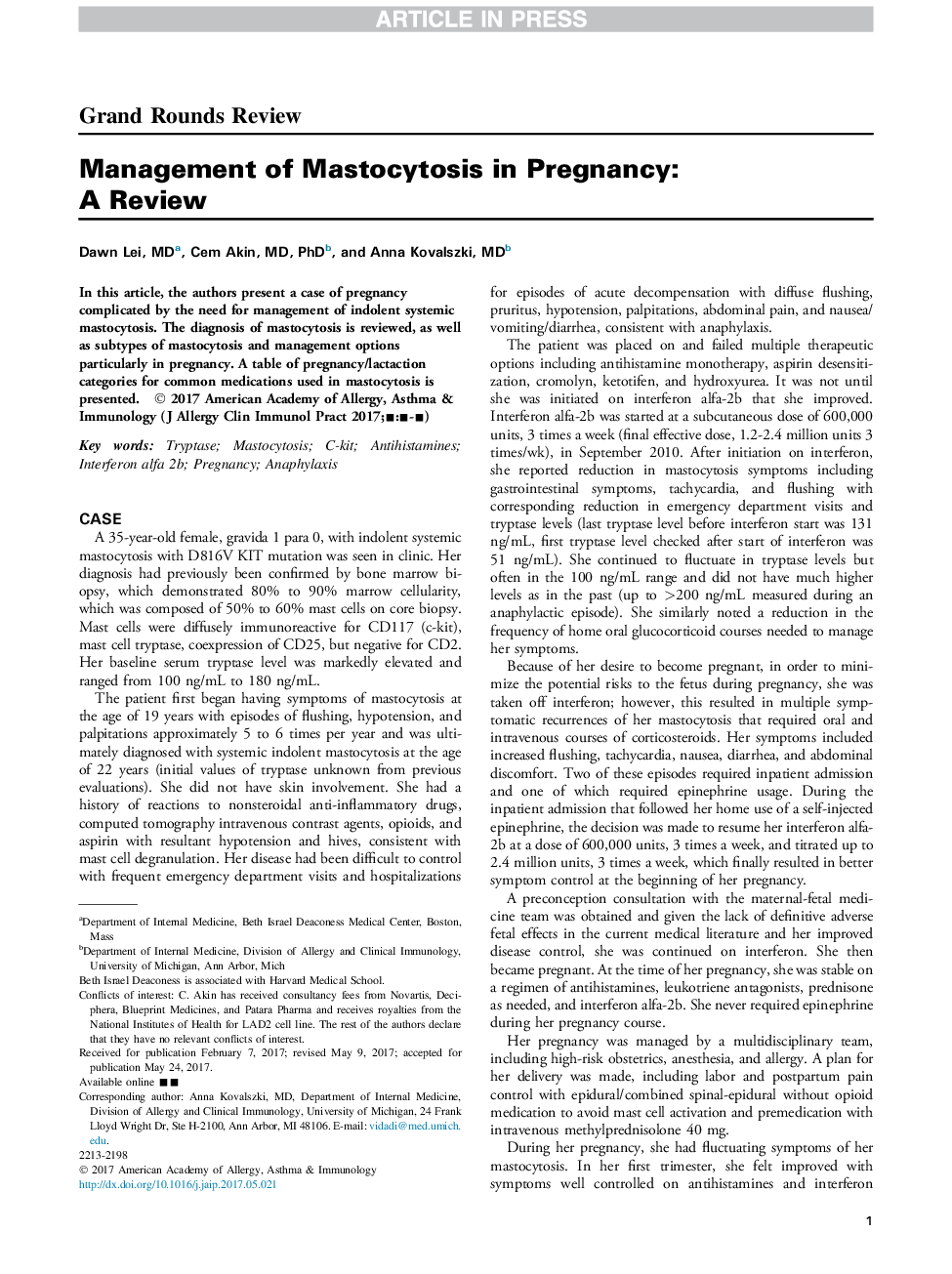 Management of Mastocytosis in Pregnancy: AÂ Review