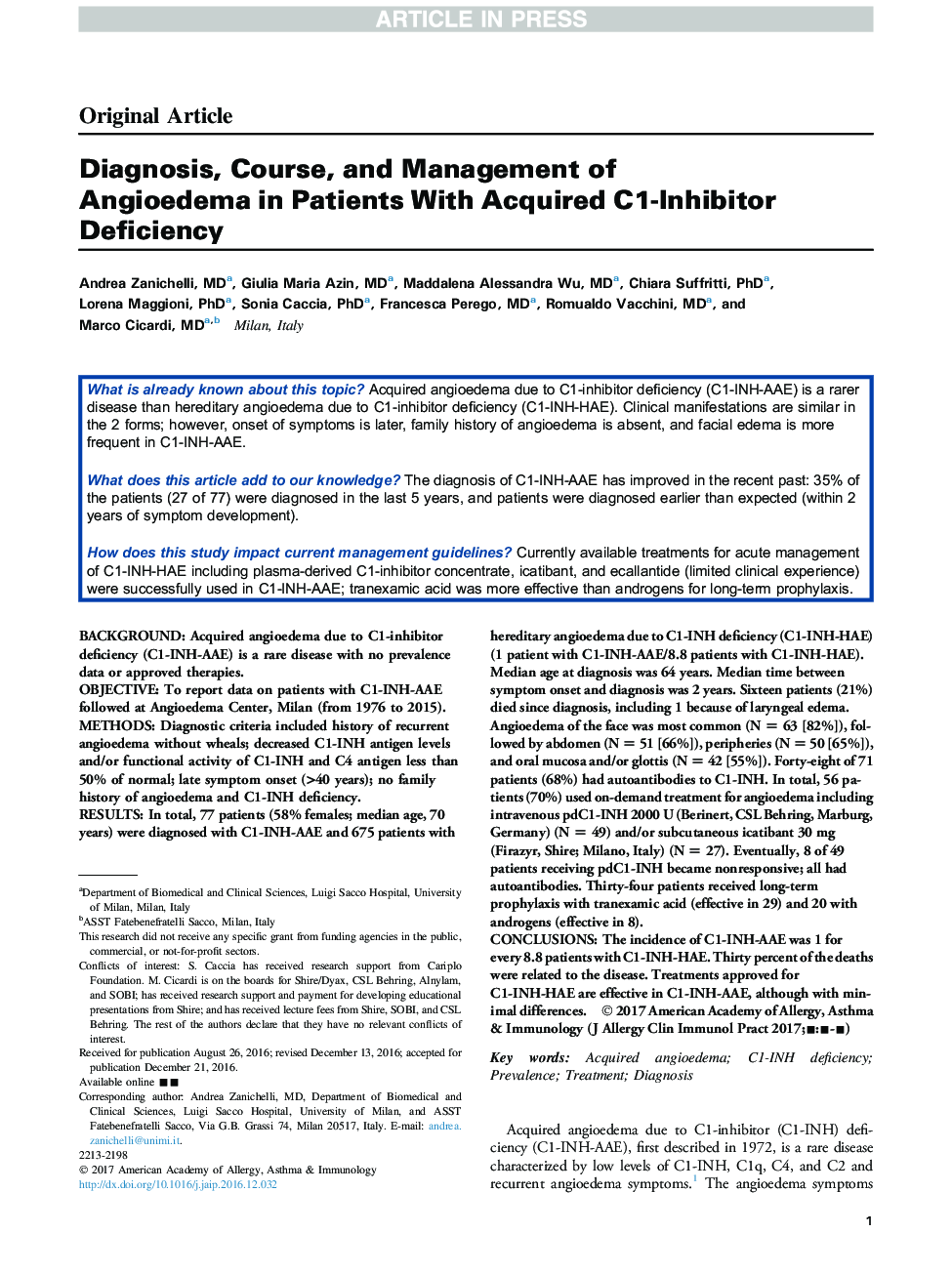 Diagnosis, Course, and Management of Angioedema in Patients With Acquired C1-Inhibitor Deficiency