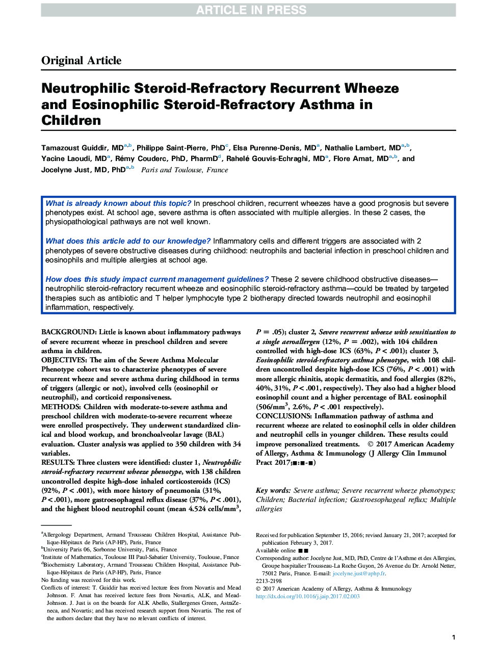 Neutrophilic Steroid-Refractory Recurrent Wheeze and Eosinophilic Steroid-Refractory Asthma in Children