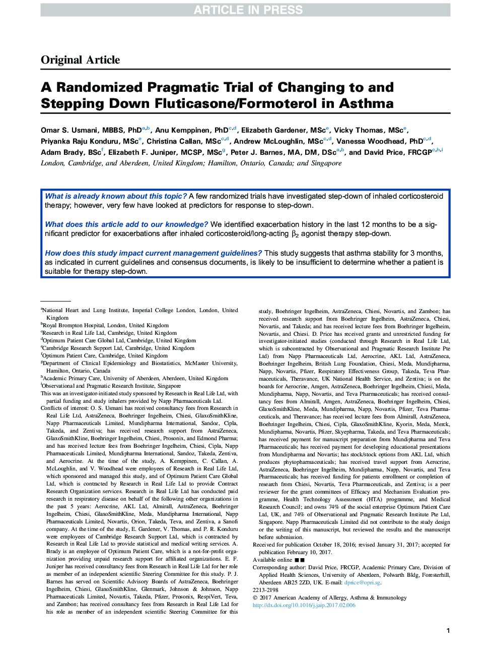 A Randomized Pragmatic Trial of Changing to and Stepping Down Fluticasone/Formoterol in Asthma