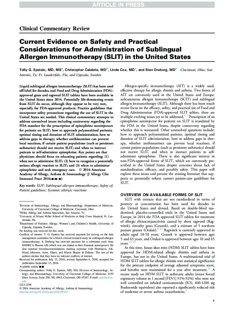 Current Evidence on Safety and Practical Considerations for Administration of Sublingual Allergen Immunotherapy (SLIT) in the United States