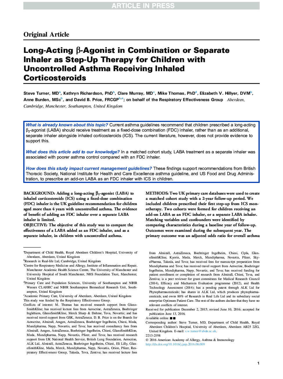 Long-Acting Î²-Agonist in Combination or Separate Inhaler as Step-Up Therapy for Children with Uncontrolled Asthma Receiving Inhaled Corticosteroids