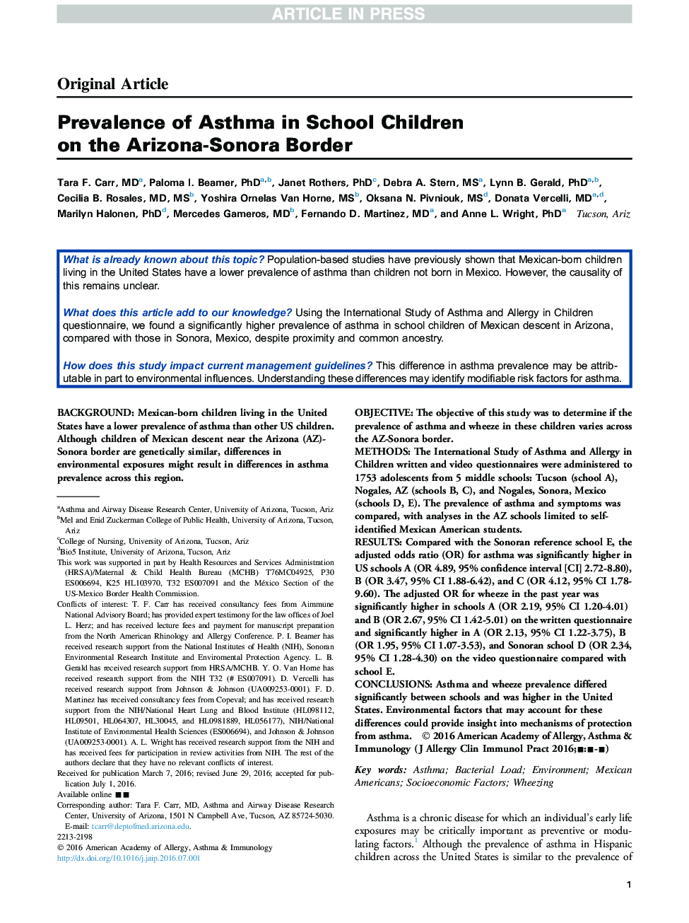 Prevalence of Asthma in School Children on the Arizona-Sonora Border