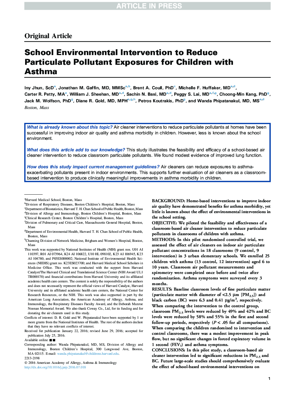 School Environmental Intervention to Reduce Particulate Pollutant Exposures for Children with Asthma