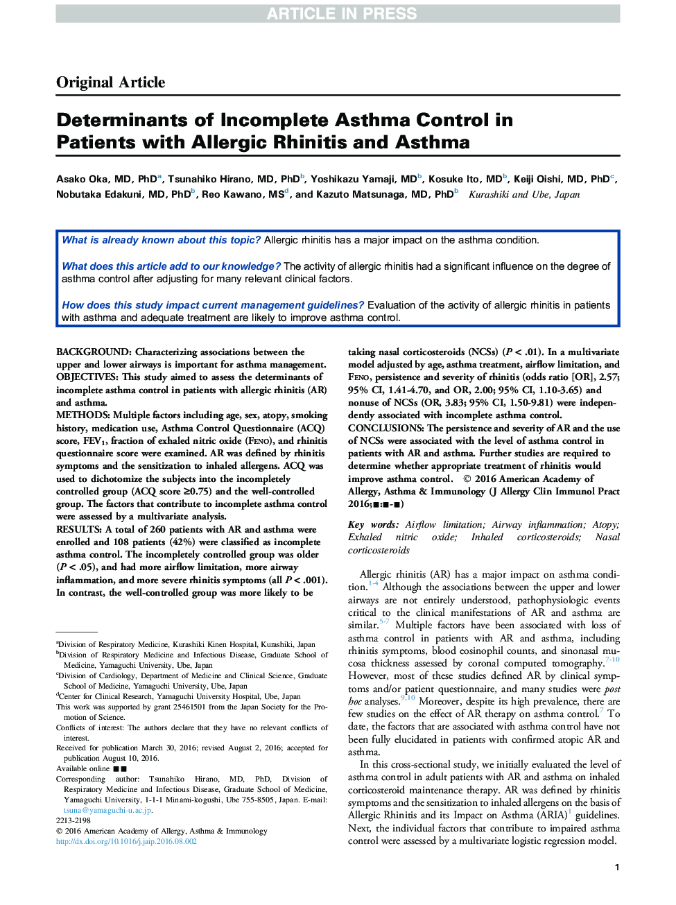 عوامل تعیین کننده کنترل آسم ناکام در بیماران مبتلا به رینیت آلرژیک و آسم 