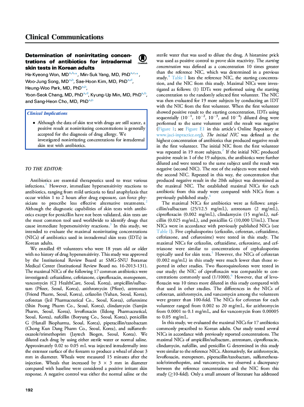 Determination of nonirritating concentrations of antibiotics for intradermal skin tests in Korean adults