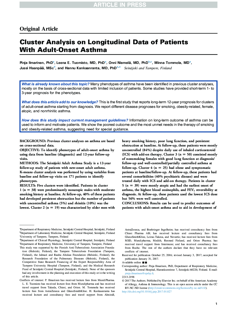 Cluster Analysis on Longitudinal Data of Patients with Adult-Onset Asthma