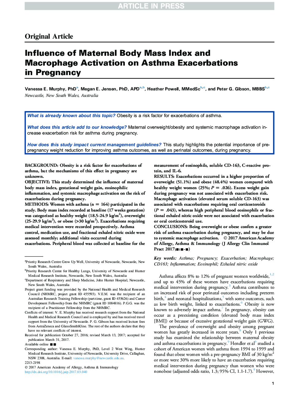 Influence of Maternal Body Mass Index and Macrophage Activation on Asthma Exacerbations in Pregnancy