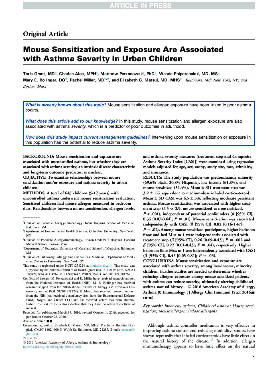 Mouse Sensitization and Exposure Are Associated with Asthma Severity in Urban Children