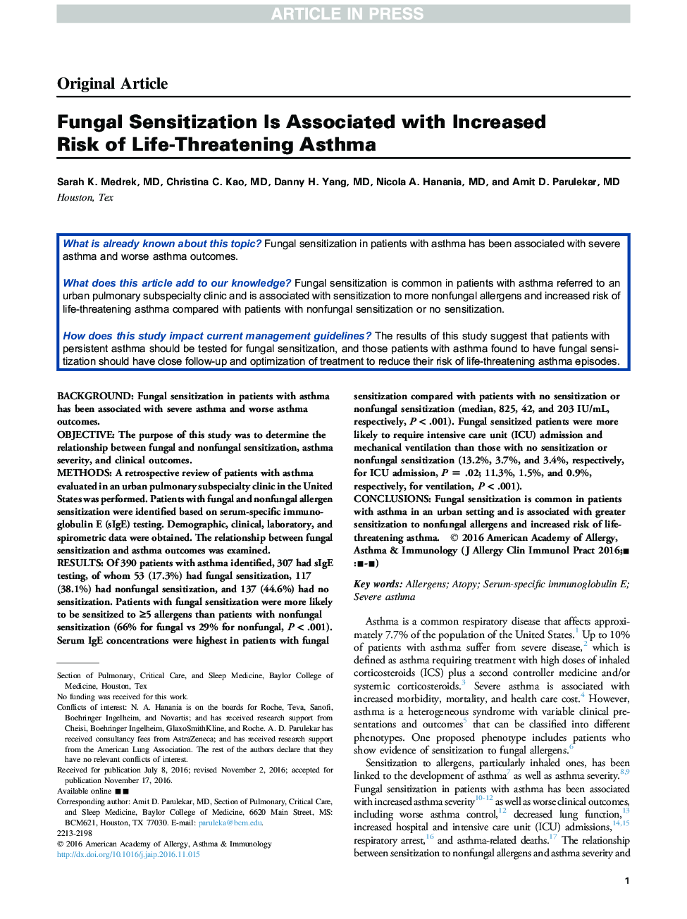 Fungal Sensitization Is Associated with Increased Risk of Life-Threatening Asthma