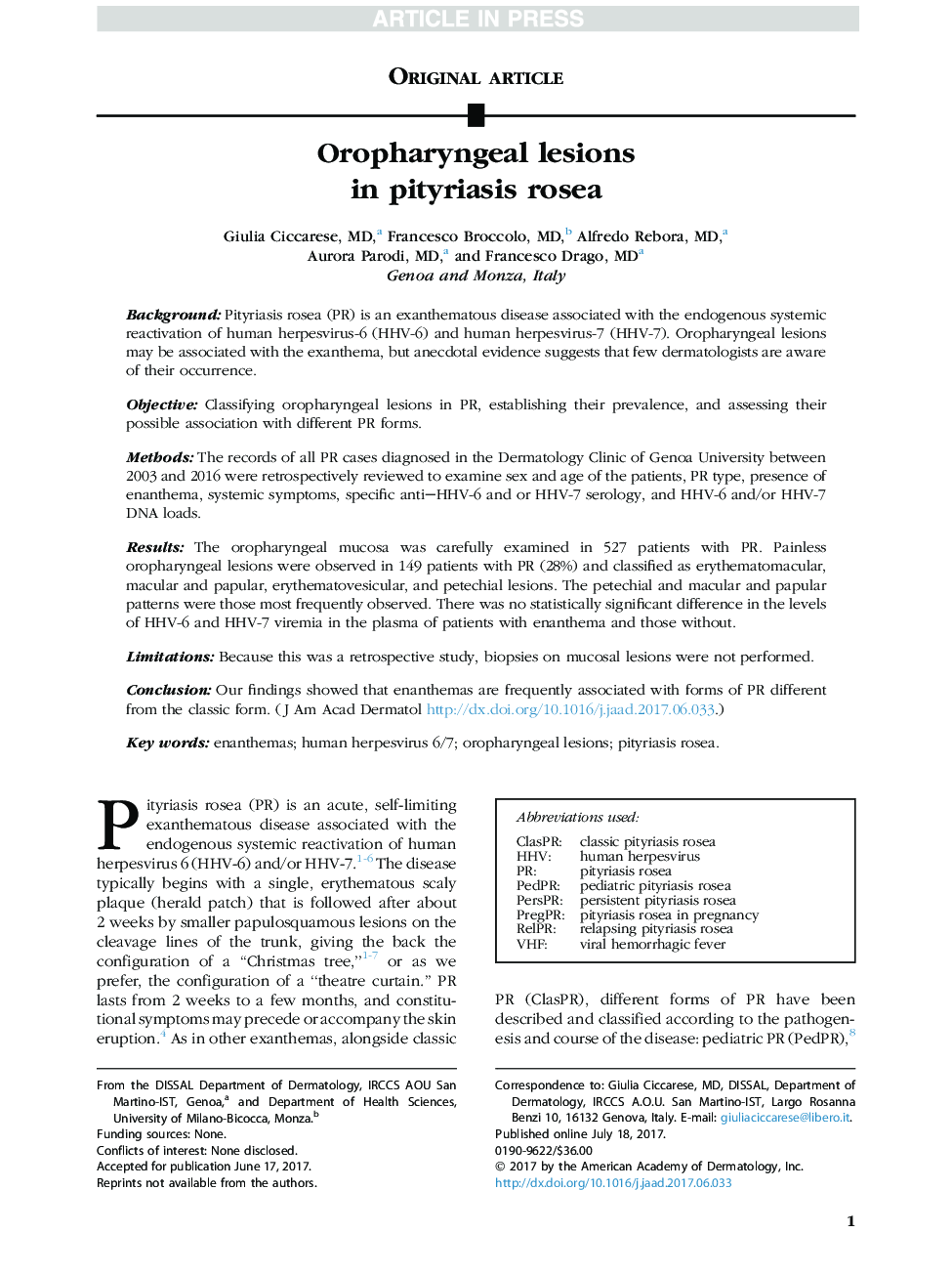 Oropharyngeal lesions in pityriasis rosea