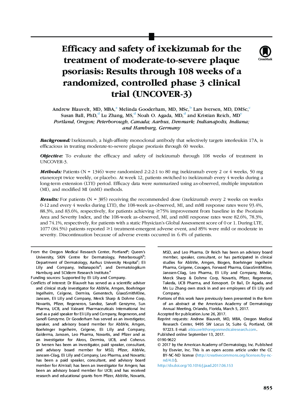 Efficacy and safety of ixekizumab for the treatment of moderate-to-severe plaque psoriasis: Results through 108Â weeks of a randomized, controlled phase 3 clinical trial (UNCOVER-3)