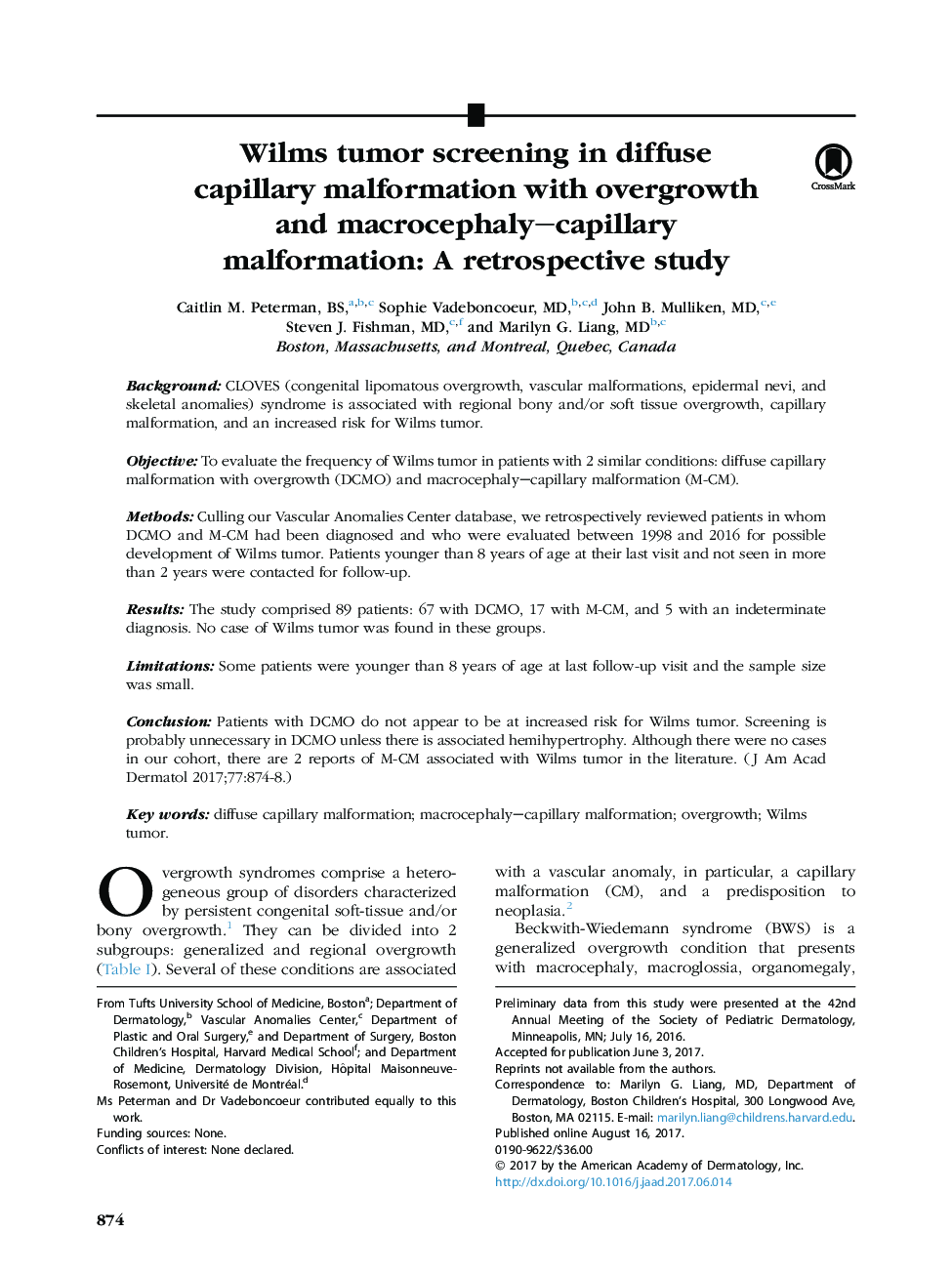 Wilms tumor screening in diffuse capillary malformation with overgrowth and macrocephaly-capillary malformation: A retrospective study