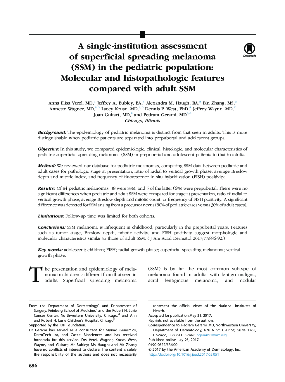 A single-institution assessment ofÂ superficial spreading melanoma (SSM) in the pediatric population: Molecular and histopathologic features compared with adult SSM