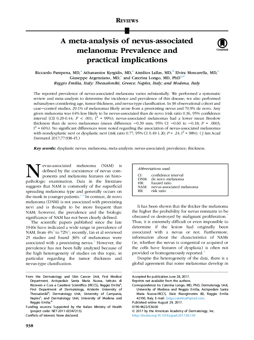 A meta-analysis of nevus-associated melanoma: Prevalence and practical implications