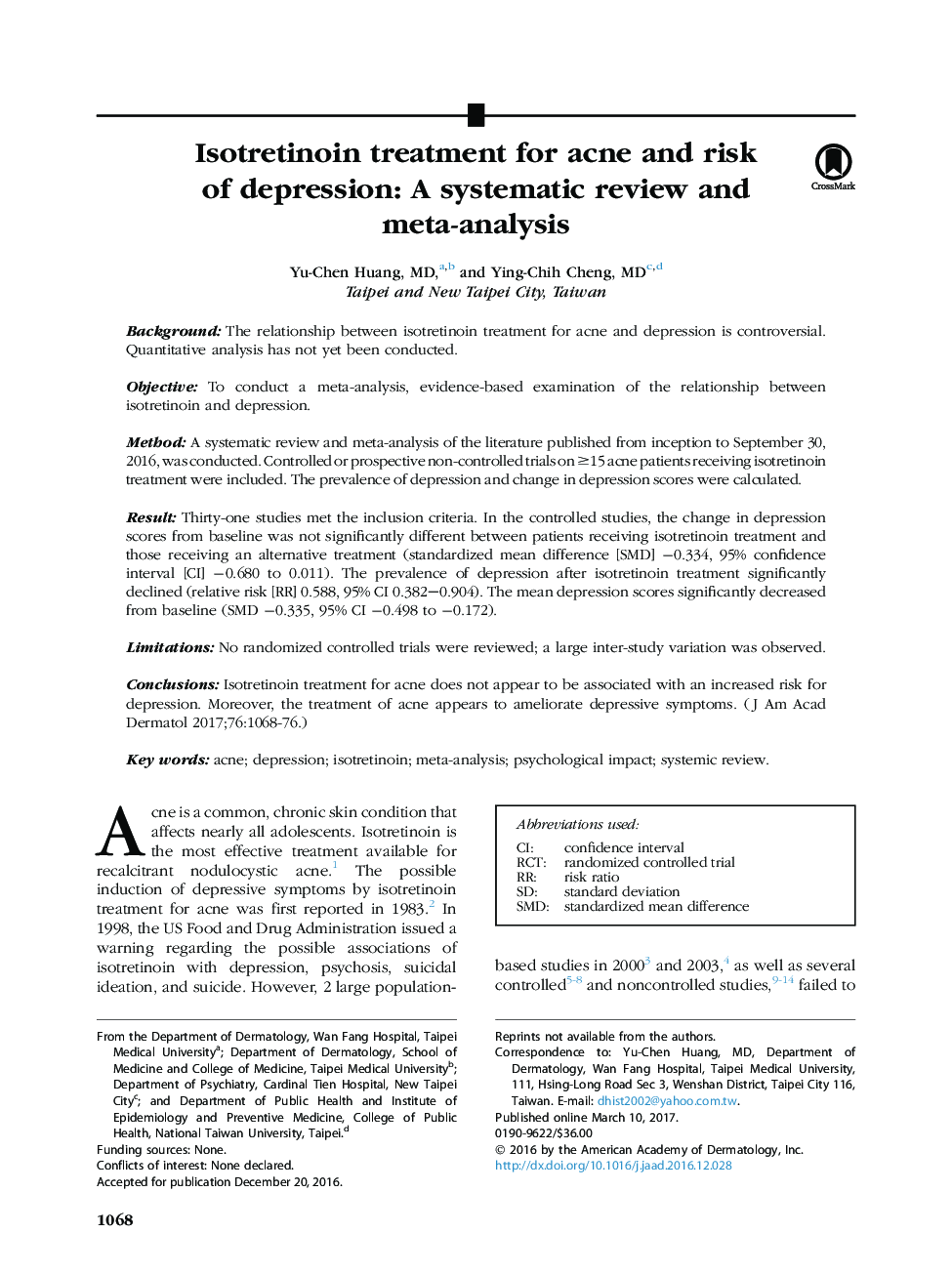 Isotretinoin treatment for acne and risk of depression: A systematic review and meta-analysis