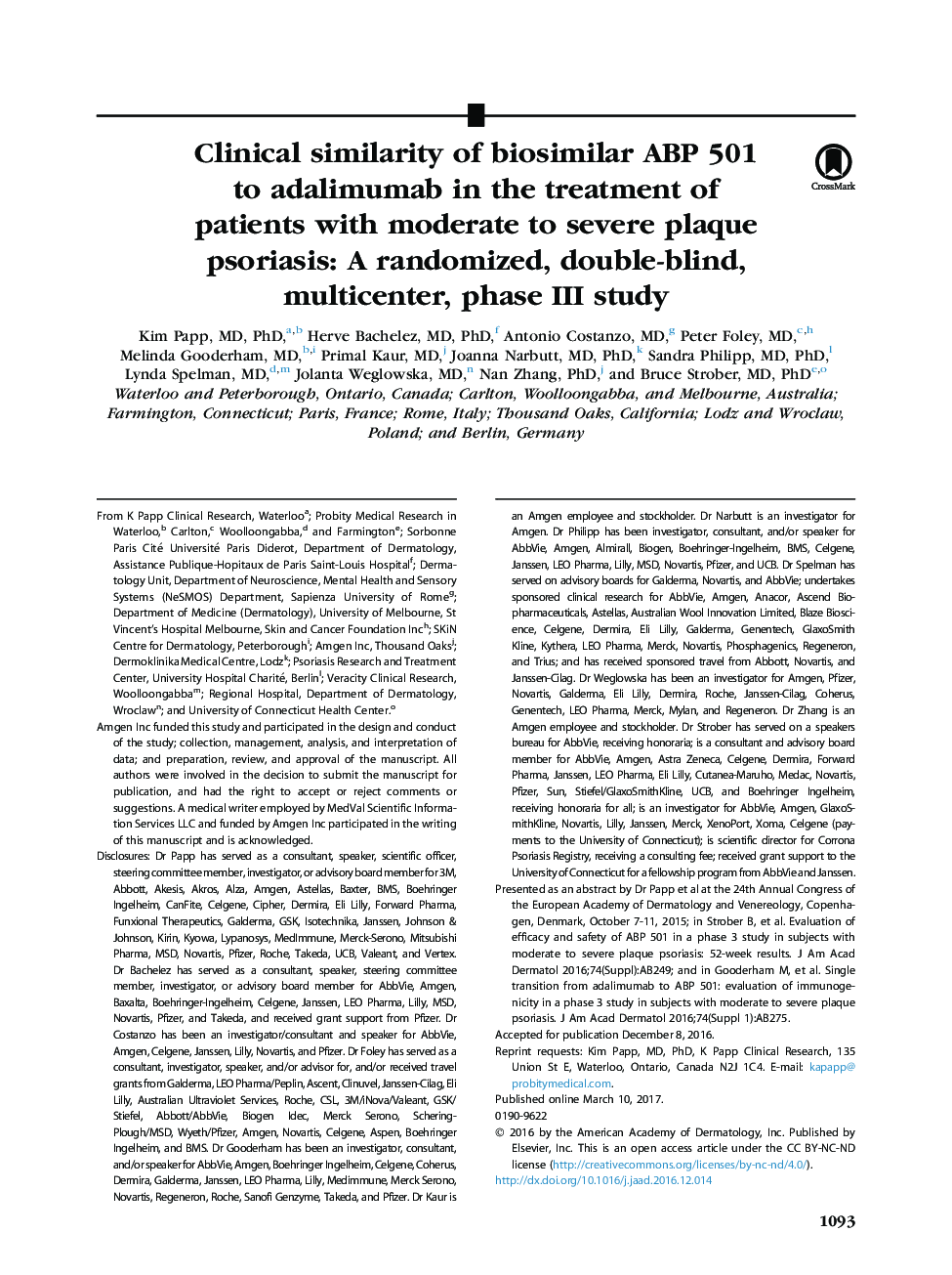 Clinical similarity of biosimilar ABP 501 to adalimumab in the treatment of patients with moderate to severe plaque psoriasis: A randomized, double-blind, multicenter, phase III study