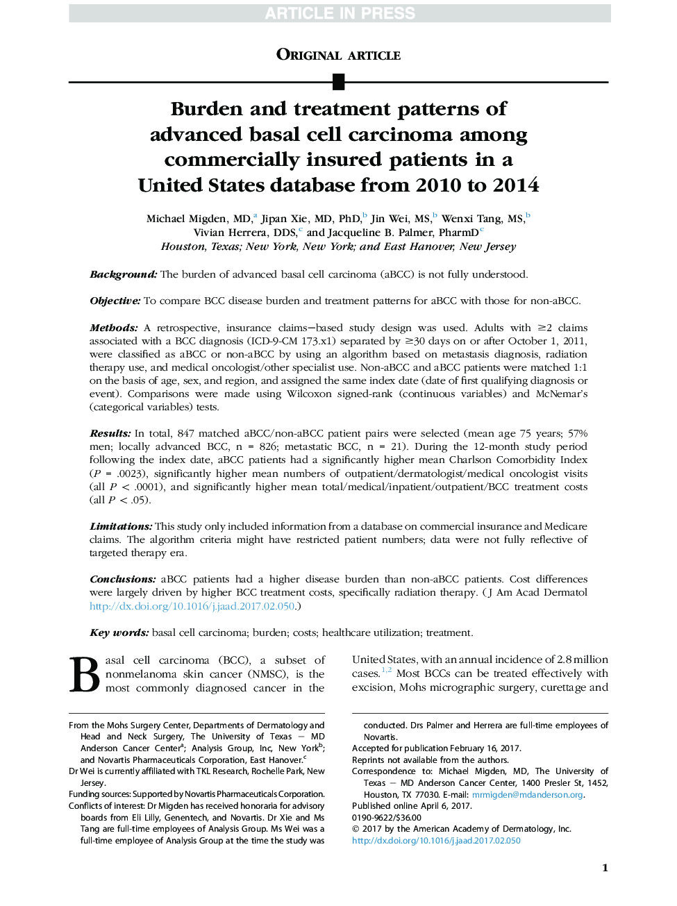 الگوهای باروری و درمان کارسینوم سلول های پیشرفته بازال در بیماران تجاری بیمه شده در یک پایگاه داده ای در ایالات متحده از سال 2010 تا 2014 