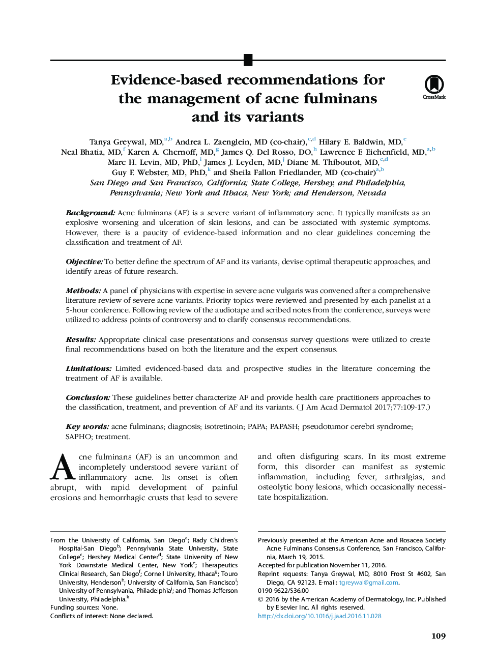 Evidence-based recommendations for the management of acne fulminans and its variants