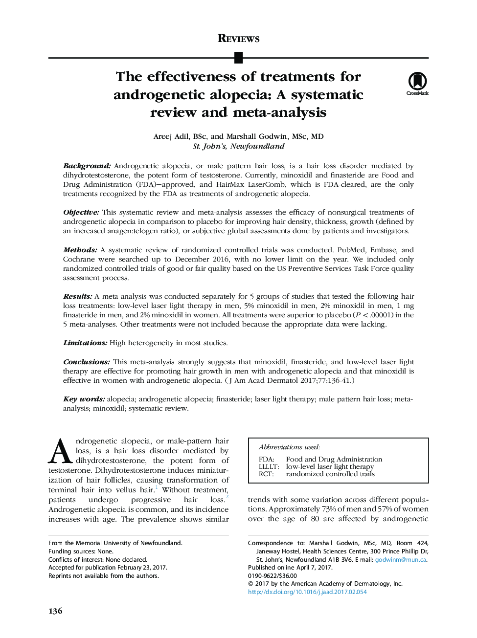 اثربخشی درمان برای آلوپسی آندروژنیک: بررسی منظم و متاآنالیز 