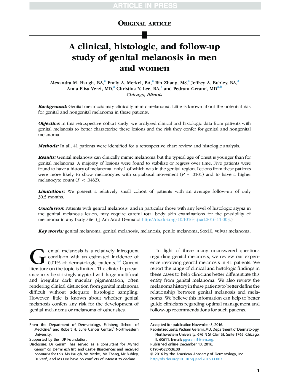 A clinical, histologic, and follow-up study of genital melanosis in men and women