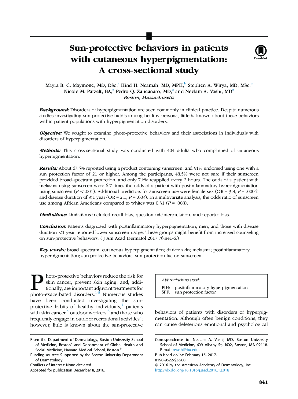 Sun-protective behaviors in patients with cutaneous hyperpigmentation: A cross-sectional study