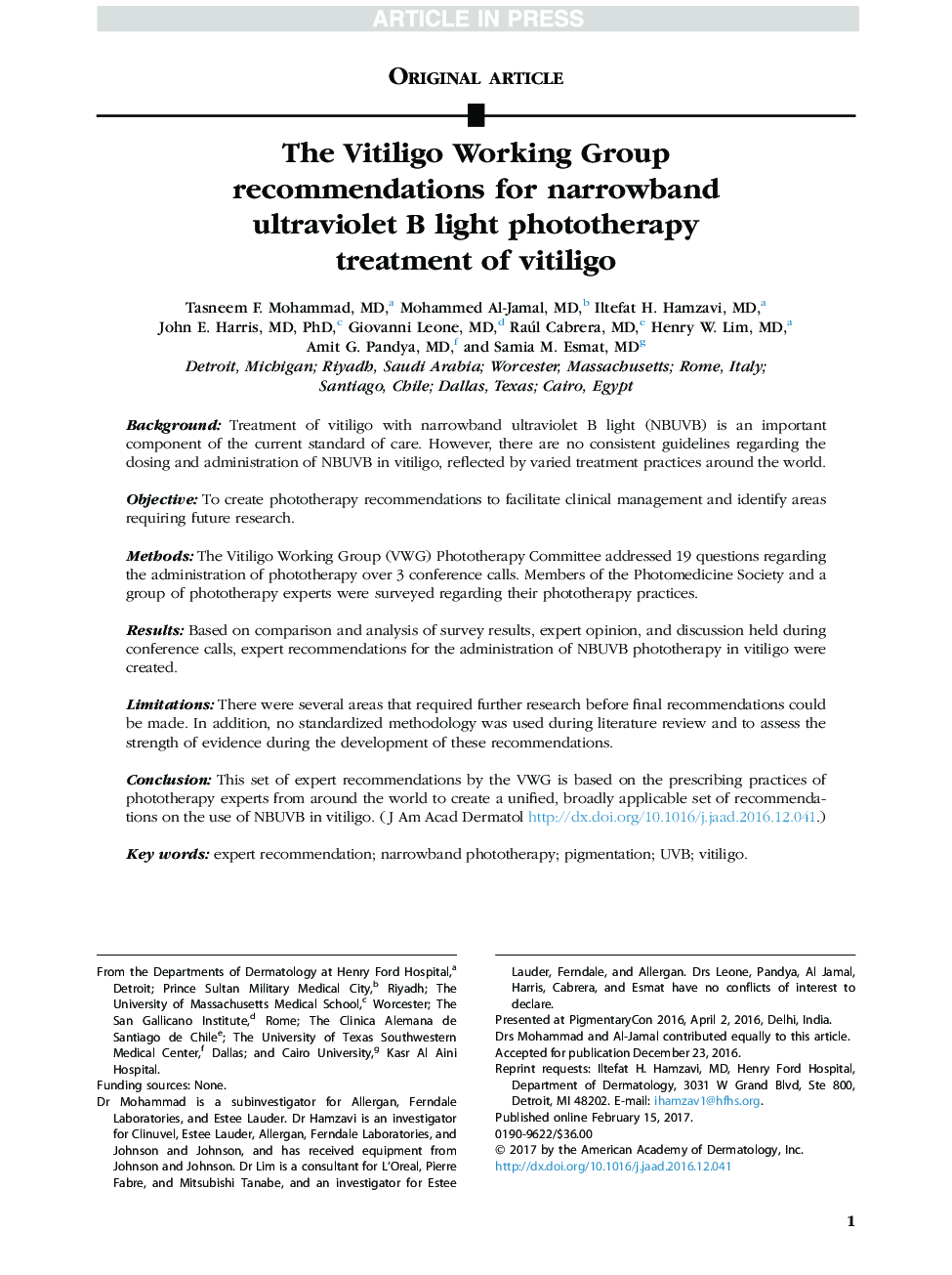 The Vitiligo Working Group recommendations for narrowband ultraviolet B light phototherapy treatment of vitiligo