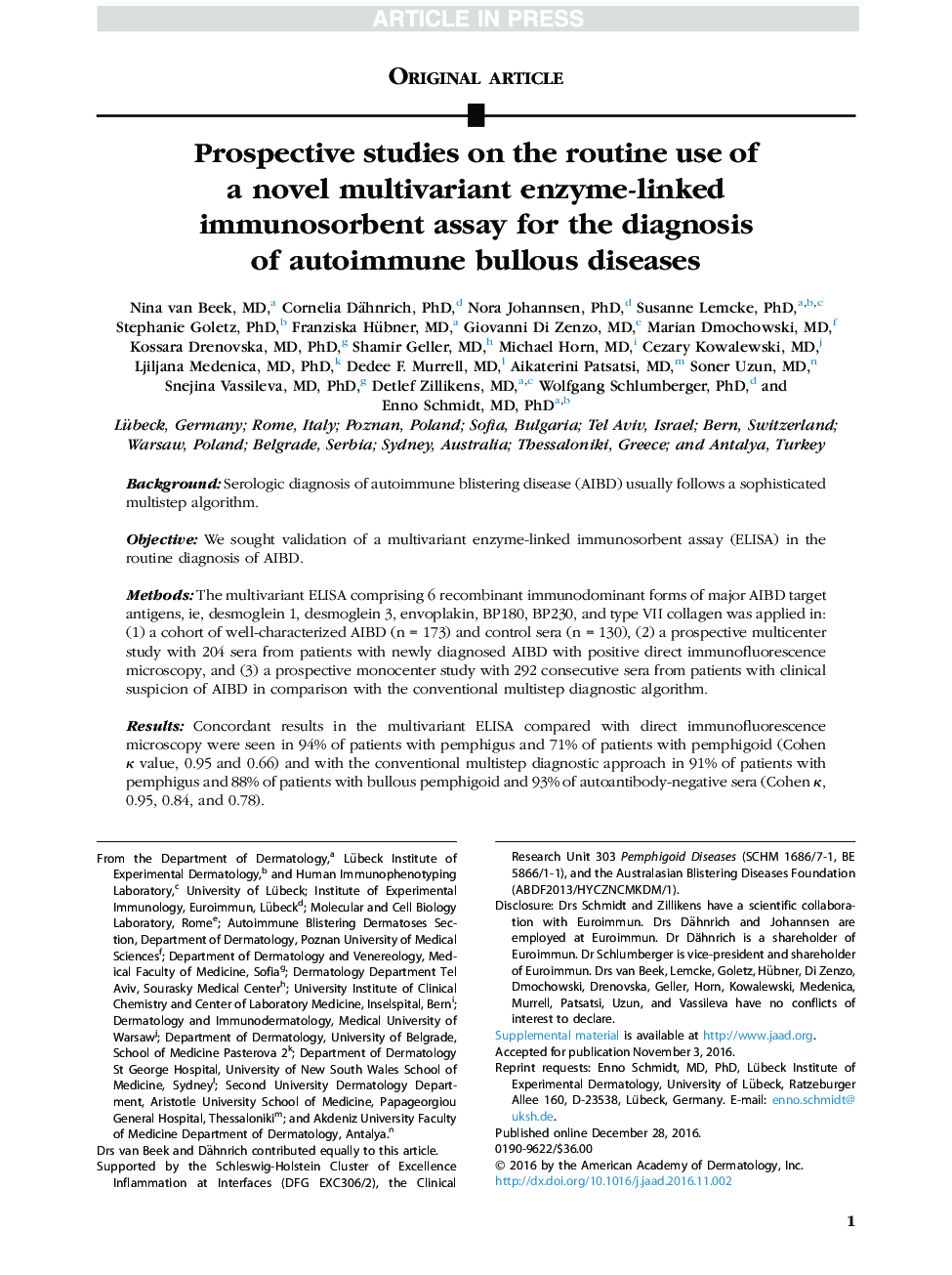 Prospective studies on the routine use of a novel multivariant enzyme-linked immunosorbent assay for the diagnosis of autoimmune bullous diseases