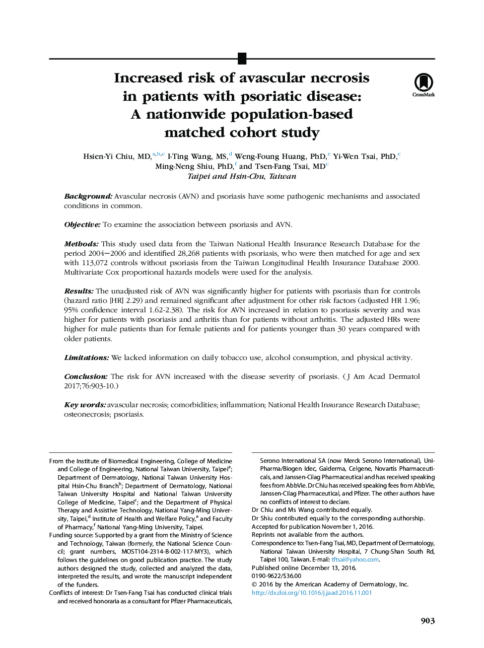 Increased risk of avascular necrosis in patients with psoriatic disease: A nationwide population-based matched cohort study