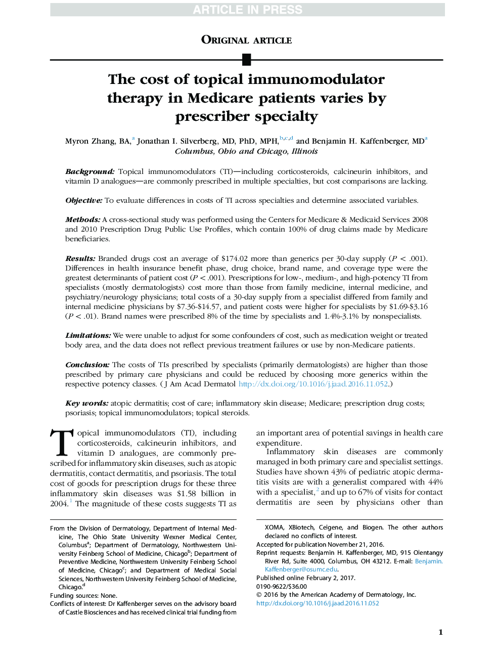 The cost of topical immunomodulator therapy in Medicare patients varies by prescriber specialty