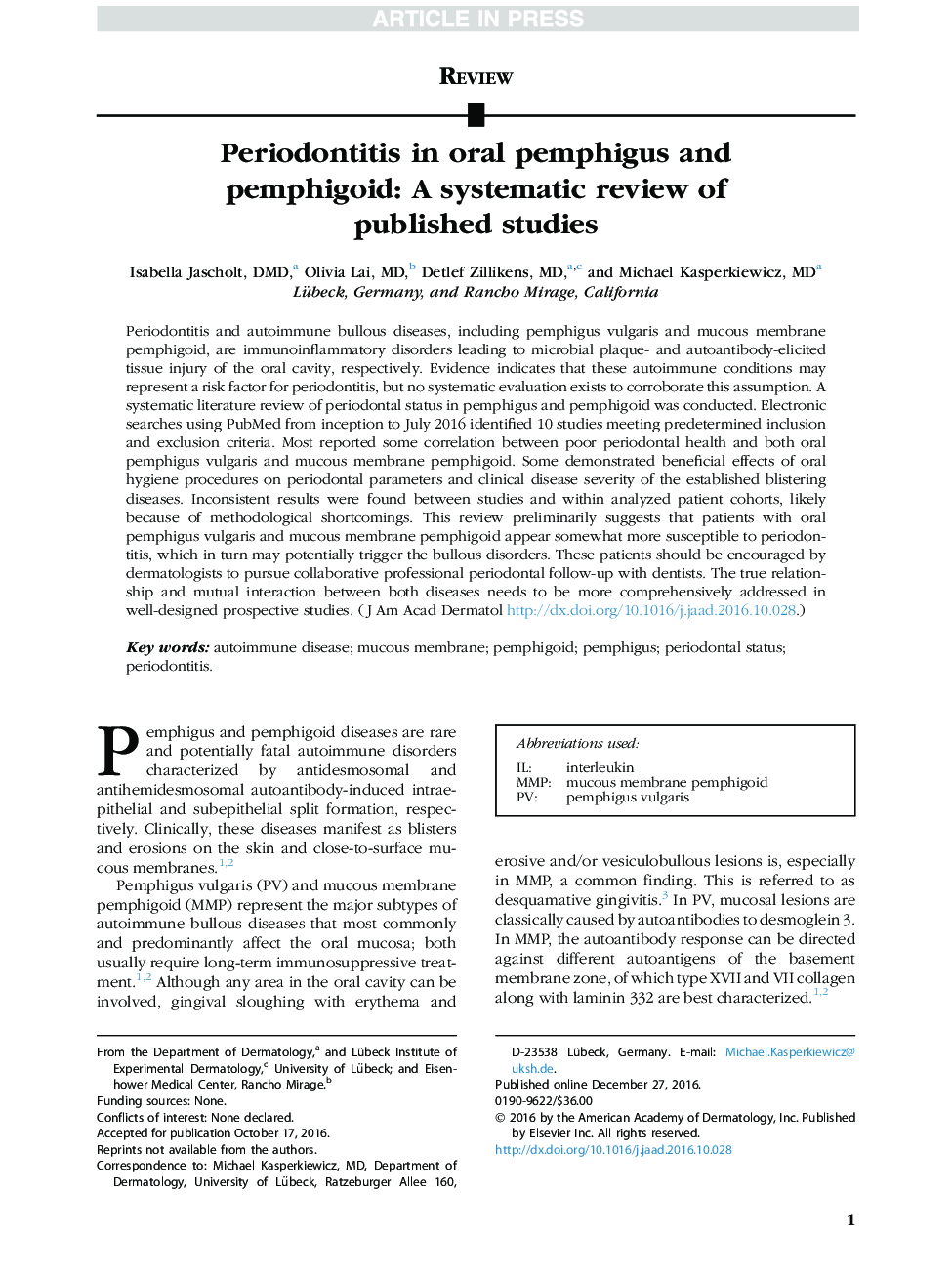 پریودونتیت در پمفیگوس دهان و پمفیگوئید: بررسی سیستماتیک مطالعات منتشر شده 