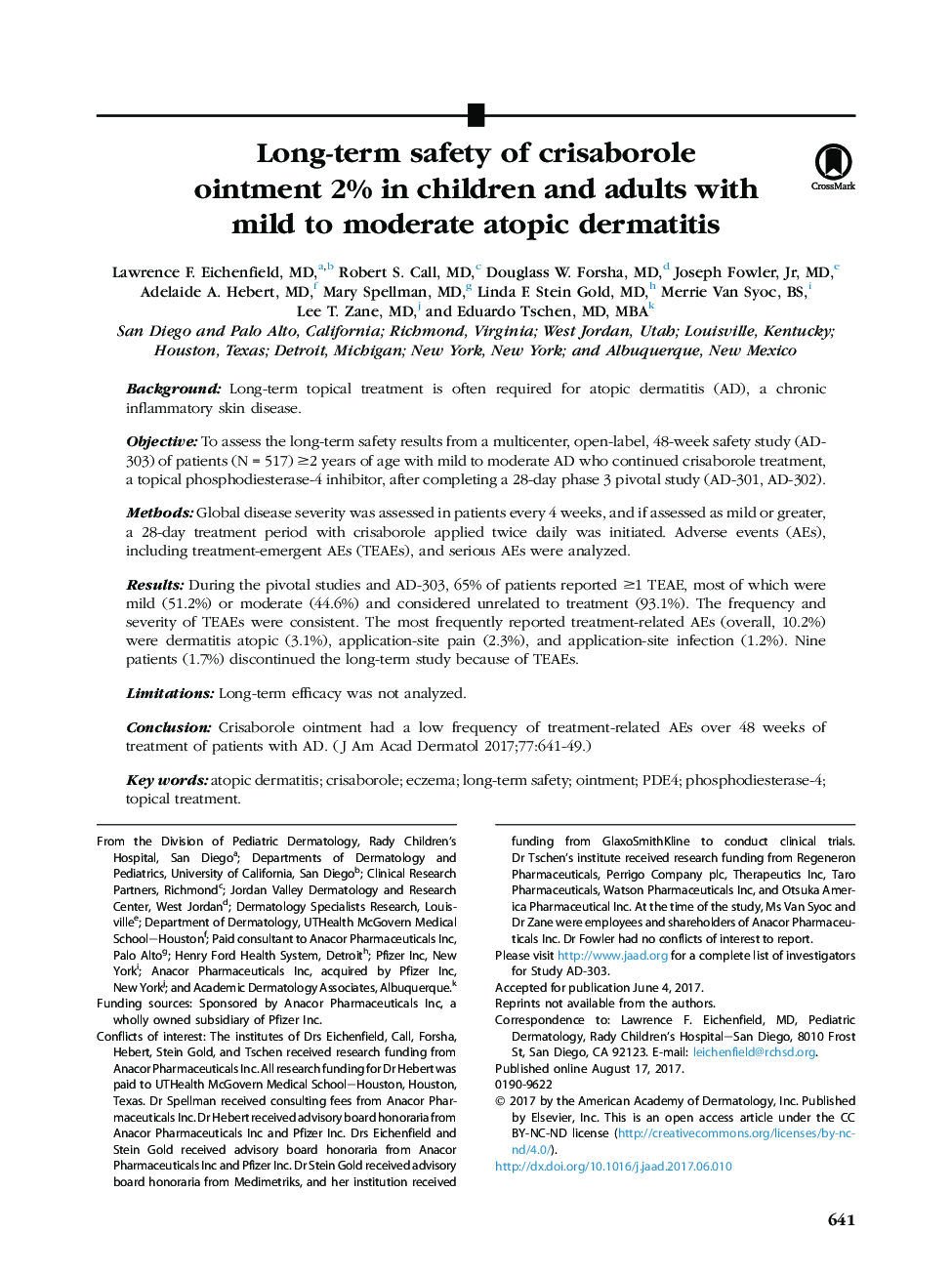 Long-term safety of crisaborole ointment 2% in children and adults with mild to moderate atopic dermatitis