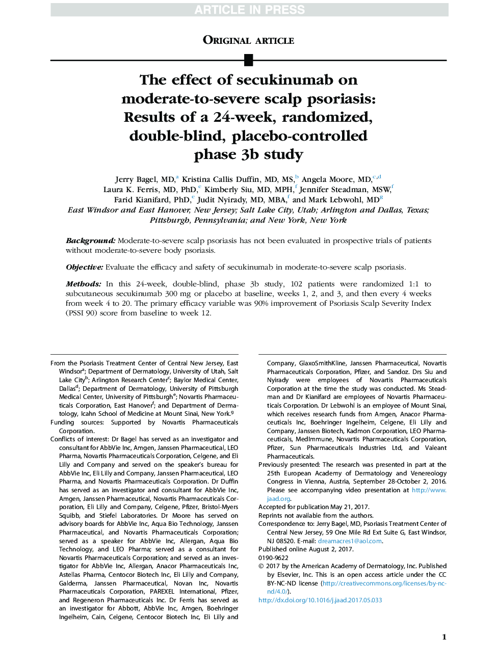 The effect of secukinumab on moderate-to-severe scalp psoriasis: Results of a 24-week, randomized, double-blind, placebo-controlled phase 3b study