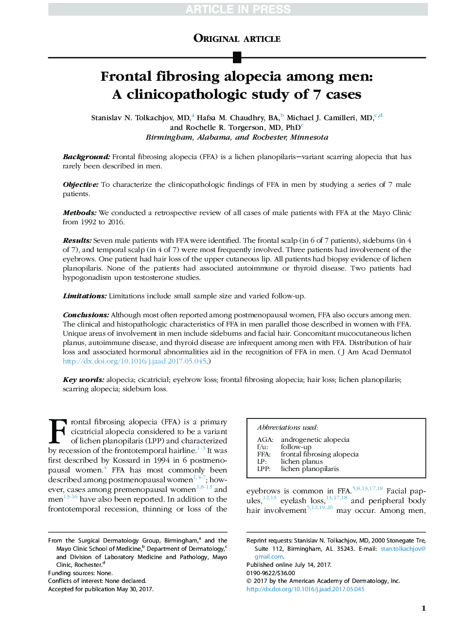 Frontal fibrosing alopecia among men: AÂ clinicopathologic study of 7 cases