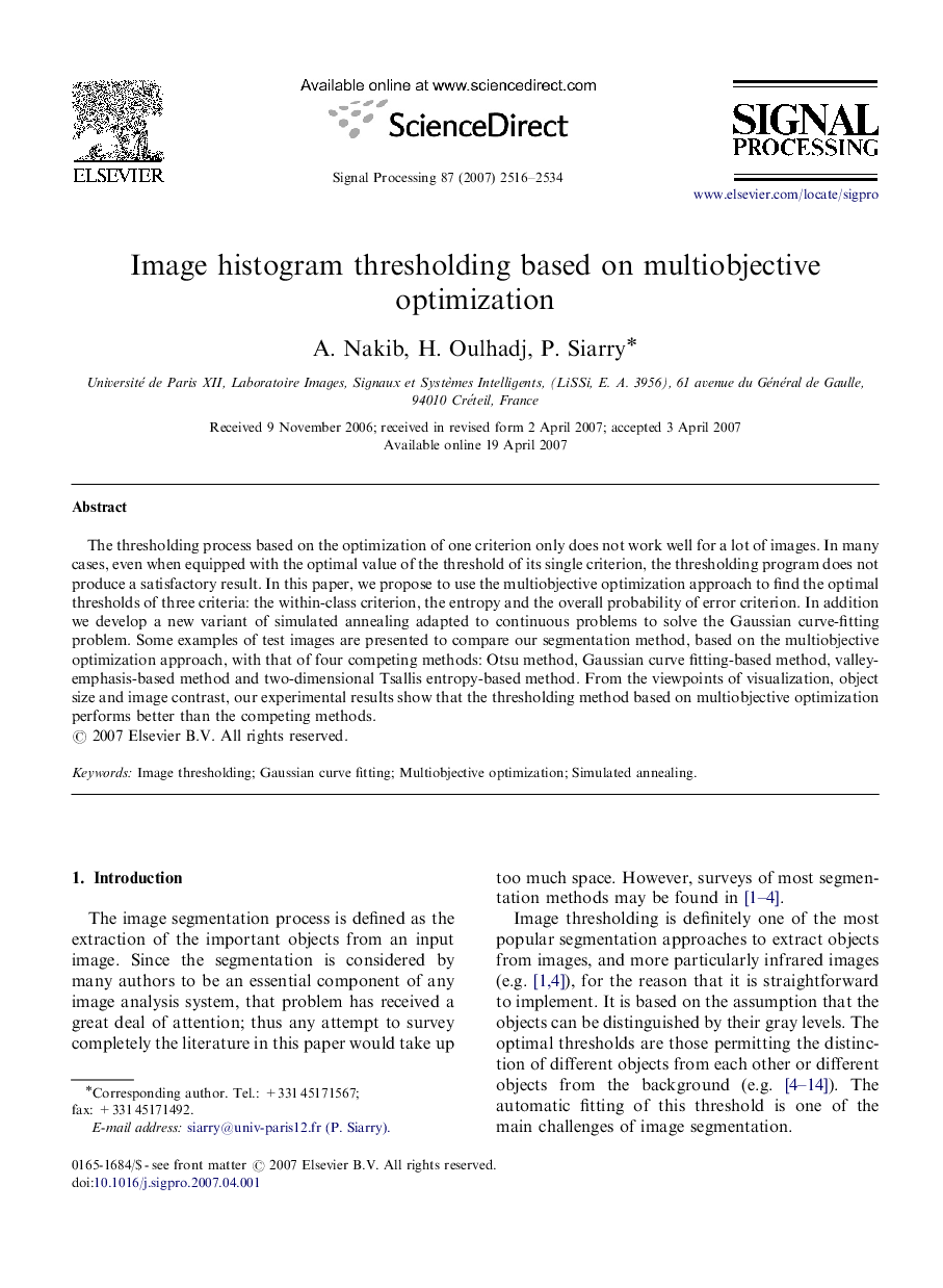 Image histogram thresholding based on multiobjective optimization